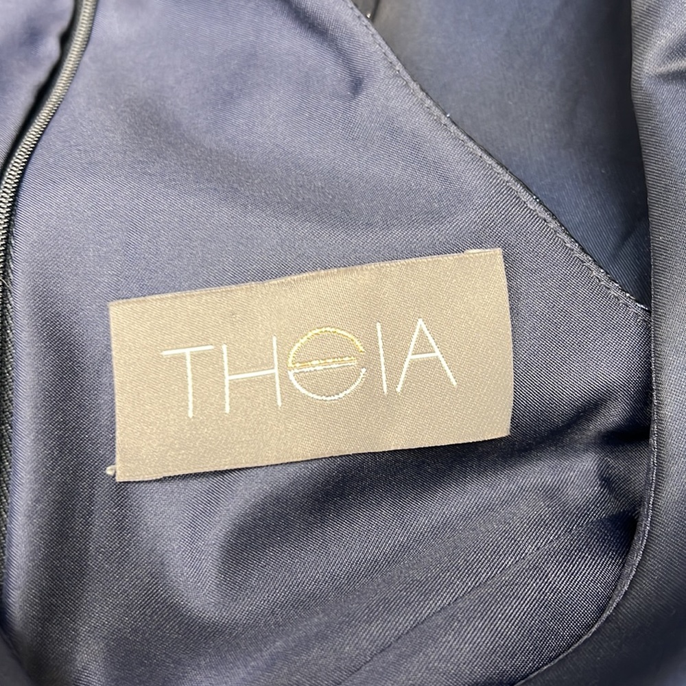 Theia NAVY BLUE high low V-Neck sleeveless evening long Gown - Picture 7 of 12